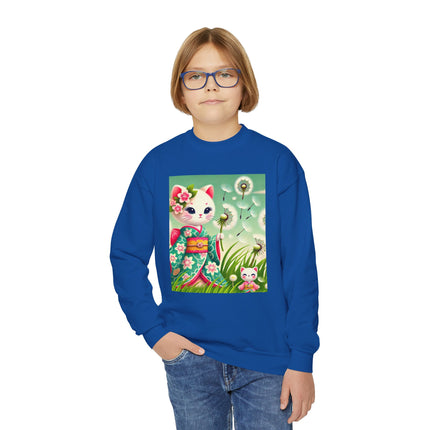 Geisha Kitten and the Dandelion Wish Youth Crewneck Sweatshirt – Gentle Magic, Dreams & Quiet Beauty