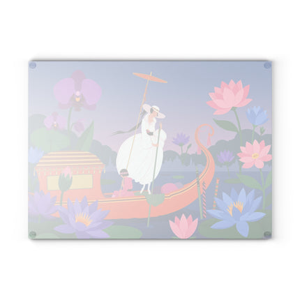 🪷🚣 The Lady Of The Lotus Lake Glass Cutting Board – Art Deco Botanical Fantasy