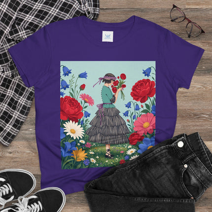 🌹💙 The Rose Bouquet Promenade Cotton Tee – Art Deco Floral Whimsy