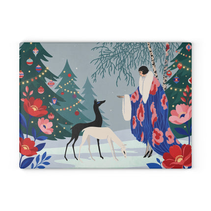 🦌🌲 The Lady Of The Christmas Forest Glass Cutting Board – Art Deco Holiday Elegance