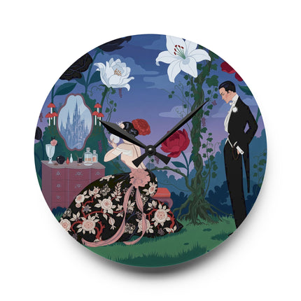 🌹🪞 The Lady Of The Midnight Garden Vanity Acrylic Wall Clock – Art Deco Floral Romance