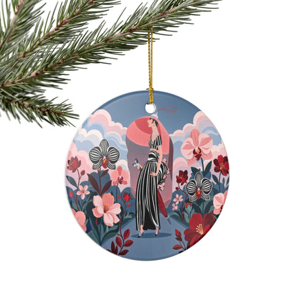 🌸🖤 The Striped Orchid Promenade Ceramic Ornament – Art Deco Floral Fashion