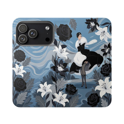 🖤🤍 The Lady Of The Black Rose Garden Flip Case – Art Deco Floral Elegance