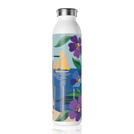 ⚓🌸 The Lady At The Seaside Slim Water Bottle – Art Deco Nautical Floral Whimsy
