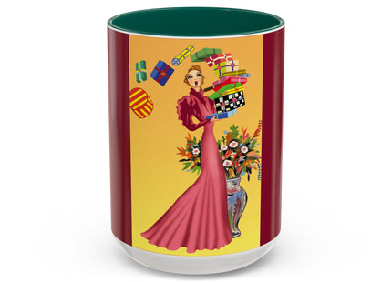 Elegant Holiday Woman with Gifts Colorful Mugs (11oz, 15oz)
