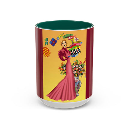 Elegant Holiday Woman with Gifts Colorful Mugs (11oz, 15oz)