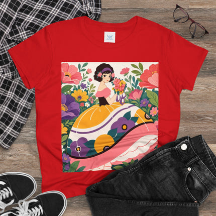 🌸💜 The Girl With The Flower Bouquet Cotton Tee – Art Deco Floral Whimsy