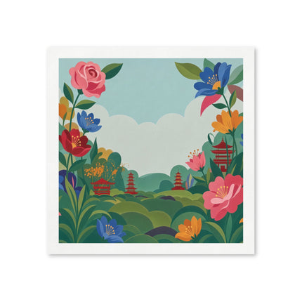 🌸🏯 The Enchanted Pagoda Flower Garden Napkins – Whimsical Oriental Botanical Art