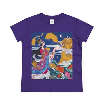 Dragon Pearl Offering Women's Midweight Cotton Tee – Mystical Fantasy & Golden Grace