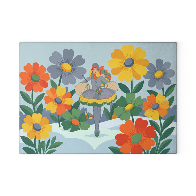 🌼❄️ The Lady Of The Winter Flower Garden Glass Cutting Board – Art Deco Holiday Fantasy