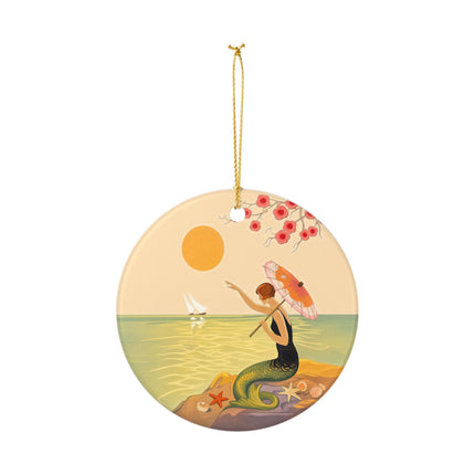 🧜‍♀️☂️ The Mermaid With The Parasol Ceramic Ornament – Art Deco Seaside Fantasy