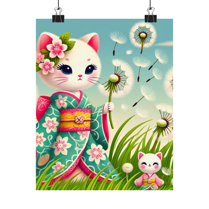 🌾🌼 Geisha Kitten and the Dandelion Wish Matte Vertical Poster – Gentle Wishes & Quiet Wonder