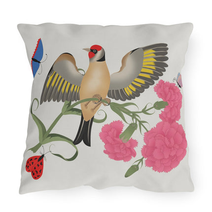Goldfinch & Pink Flowers Outdoor Pillows – Vibrant Spring & Delicate Beauty