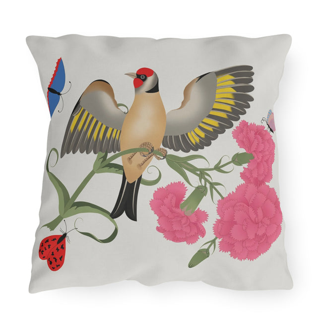 Goldfinch & Pink Flowers Outdoor Pillows – Vibrant Spring & Delicate Beauty