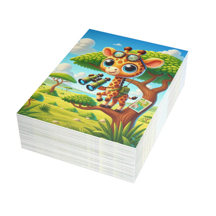 🦒🔭 The Little Giraffe’s Great Safari Greeting Card – Whimsical Animal Adventure