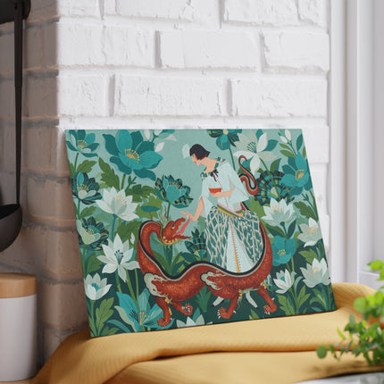 🐉🌿 The Lady And The Crimson Dragon Glass Cutting Board – Art Deco Garden Fantasy
