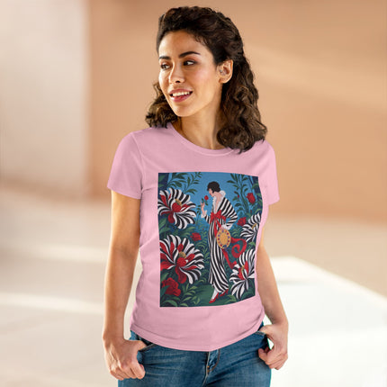 ❤️🌹 The Scarlet Striped Garden Cotton Tee – Art Deco Fashion Illustration