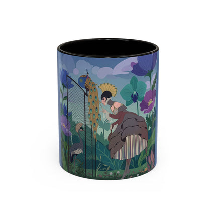 The Lady And The Enchanted Heron Colorful Mugs – Art Deco Botanical Elegance