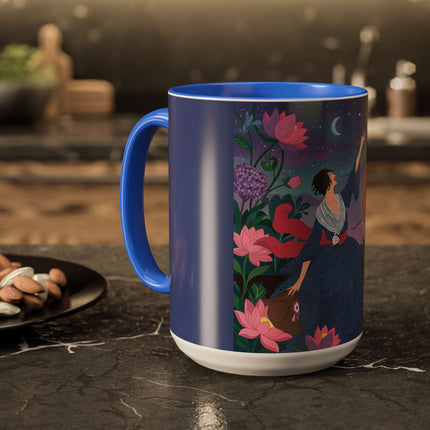 The Lady And The Morning Song Colorful Mugs – Art Deco Botanical Elegance
