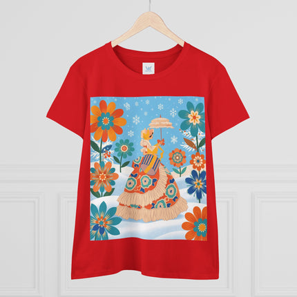 🌼❄️ The Winter Parasol Lady Cotton Tee – Art Deco Floral Fantasy