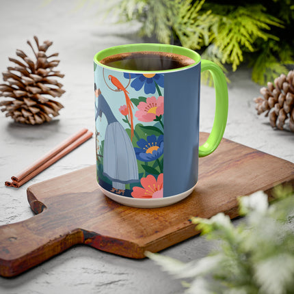 The Lady And The Mysterious Bird Colorful Mugs – Art Deco Botanical Mystery