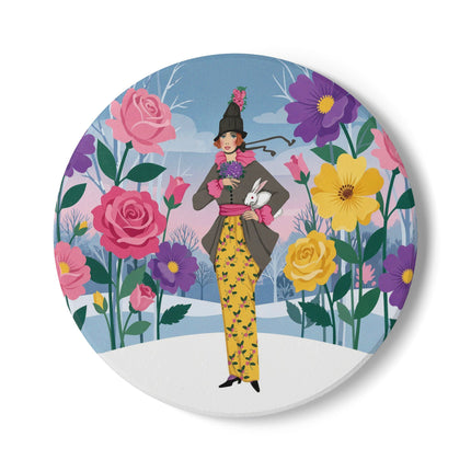 🐇🌸 The Lady With The White Rabbit Ceramic Coaster – Art Deco Floral Whimsy