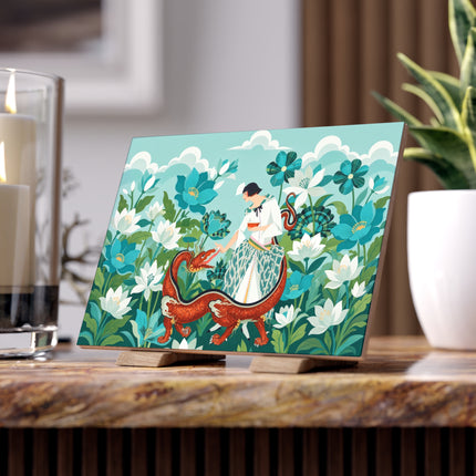 🐉🌿 The Dragon Keeper Ceramic Tile – Art Deco Floral Fantasy