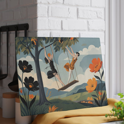 🌳🧡 The Ladies Of The Autumn Swing Glass Cutting Board – Art Deco Woodland Whimsy