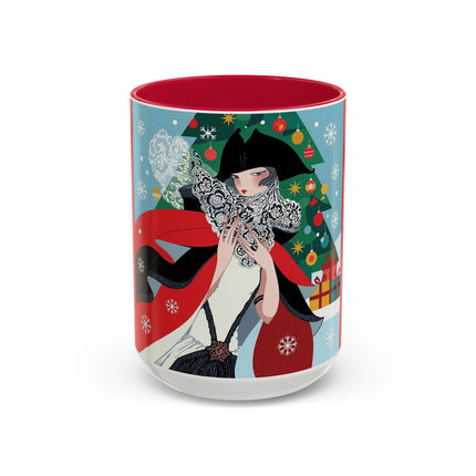 ❤️ The Lady Of The Crimson Scarf Colorful Mug – Art Deco Christmas Elegance