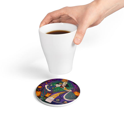 🎭🎃 The Masquerade Beneath The Pumpkin Lantern Ceramic Coaster – Theatrical Halloween Charm