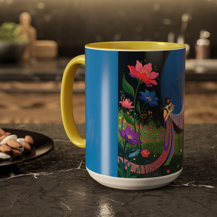 The Lady And The Moonlit Peak Colorful Mugs – Art Deco Alpine Garden Elegance