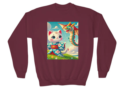 Geisha Kitten and the Dragon Kite Youth Crewneck Sweatshirt