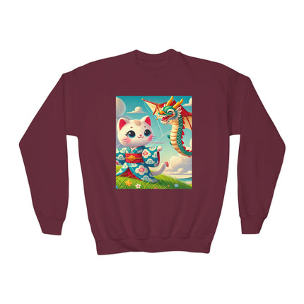 Geisha Kitten and the Dragon Kite Youth Crewneck Sweatshirt – Freedom, Motion & Playful Spirit