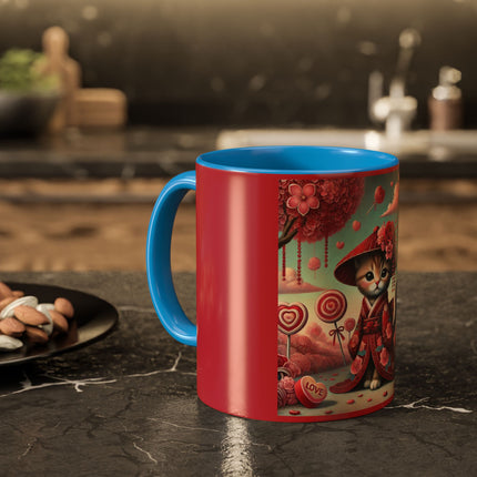 Whimsical Geisha Kitten in a Valentine Garden Colorful Mugs (11oz, 15oz)