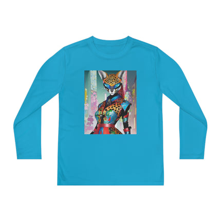 Cyber Cat Glamour Youth Long Sleeve Competitor Tee – Neon Elegance & Futuristic Style