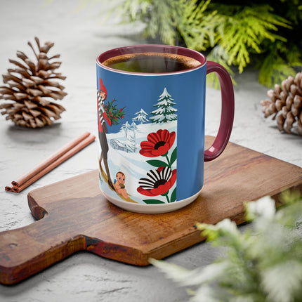 🎿🎄 The Christmas Holly Skier Colorful Mug – Whimsical Holiday Fantasy