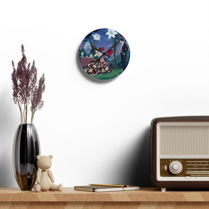 🌹🪞 The Lady Of The Midnight Garden Vanity Acrylic Wall Clock – Art Deco Floral Romance