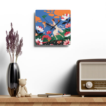 🌸🪽 The Lady Chasing Cupid Acrylic Wall Clock – Art Deco Garden Whimsy