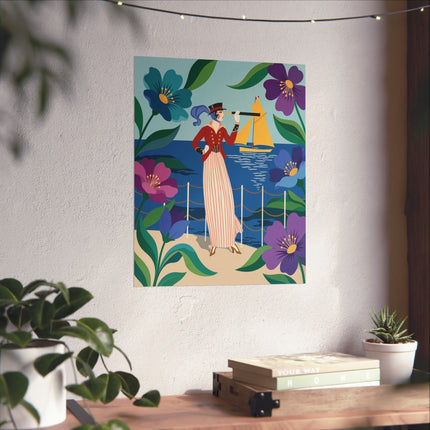 🌊🔭 The Lady Of The Seaside Lookout Matte Vertical Poster – Art Deco Nautical Whimsy