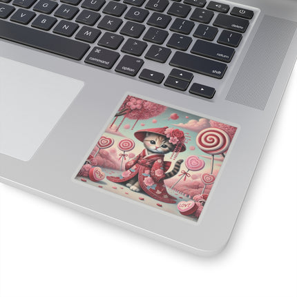 Whimsical Geisha Kitten in a Valentine Garden Kiss-Cut Stickers (4 Sizes)