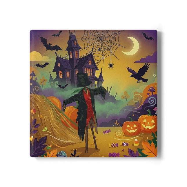 🌙🎃 The Scarecrow Of Haunted Hollow Ceramic Coaster – Whimsical Halloween Mystery