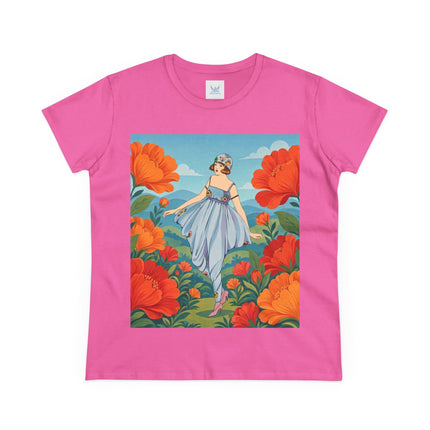 🌺🩵 The Poppy Hill Promenade Cotton Tee – Art Deco Fashion Whimsy