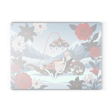 🌹❄️ The Lady Of The Winter Rose Sleigh Glass Cutting Board – Art Deco Alpine Elegance