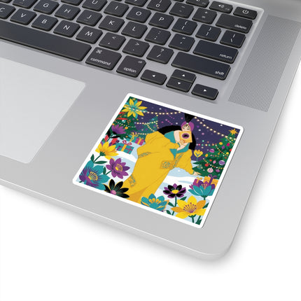 💛🎄 The Lady Of The Golden Christmas Cloak Kiss-Cut Sticker – Art Deco Holiday Fantasy