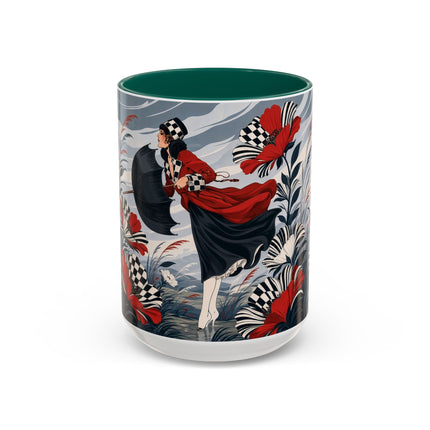 ☔🌹 The Scarlet Checkerboard Rainstorm Colorful Mug – Art Deco Floral Elegance