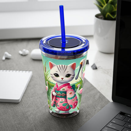 Geisha Kitten Strolls Among the Spoonbills Sunsplash Tumbler with Straw, 16oz
