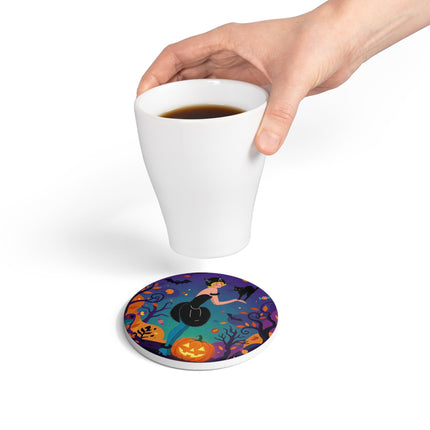 🐈‍⬛🎃 The Midnight Black Cat Masquerade Ceramic Coaster – Whimsical Halloween Elegance