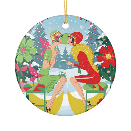 ☕🎄 Christmas Tea In The Snow Garden Ceramic Ornament – Art Deco Holiday Friendship