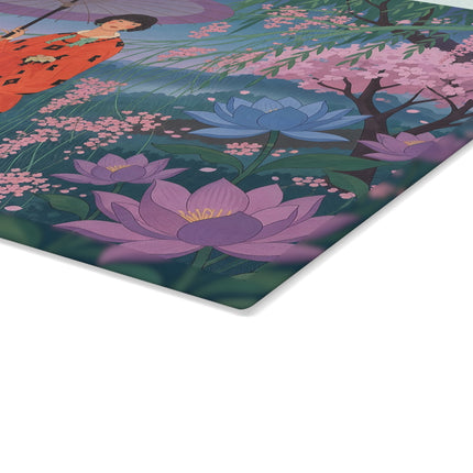 🌸☂️ The Lady Of The Lotus Garden Glass Cutting Board – Art Deco Oriental Floral Elegance