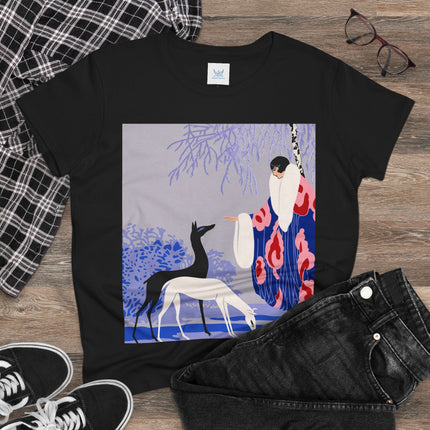 🦌🌸 The Lady Of The Graceful Deer Cotton Tee – Art Deco Garden Elegance